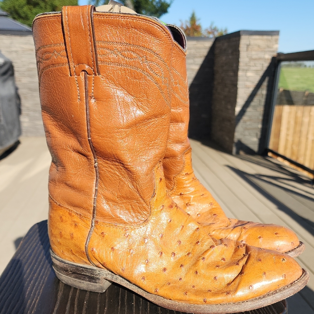 (8E) Justin Boots Camel Cowboy & Western Boots Country Dancing Ostrich Farm Ride